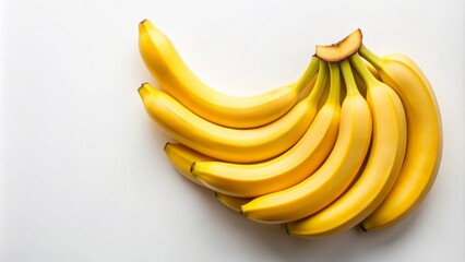 Vibrant yellow bananas arranged in a curved pattern, slight peeling at the tips, with a subtle creamy tone, against a clean white background with ample copyspace.