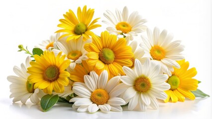 Obraz premium Vibrant sunlit daisies bursting with warm yellow petals and lush green leaves arrangements adorn a pristine white background, evoking a sense of joy and serenity.