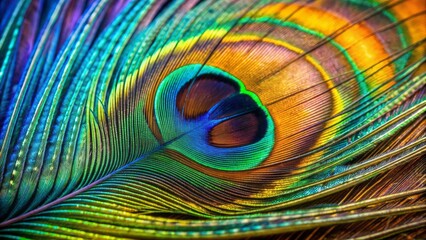 Obraz premium Vibrant iridescent layers shimmer on a pea feather's velvety surface, highlighting its intricate microscopic structure in mesmerizing closeup detail, showcasing nature's breathtaking beauty.