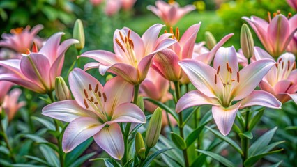 Obraz premium Delicate, pale pink lilies bloom in a lush, verdant garden setting, surrounded by soft, feathery foliage and slender stems, exuding serenity and elegance.