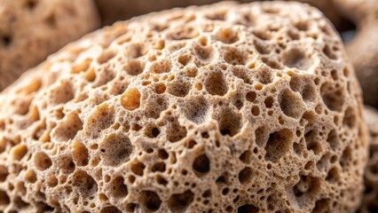 Fototapeta premium Close-up macro photograph of pumice stone's unique texture and porous nature, showcasing visible specks and grains in muted, earthy tones of beige, gray, and brown.