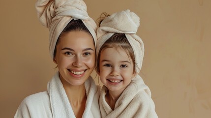 mom and daughter at the spa on a beige background