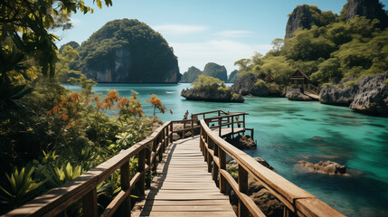 Obraz premium Relaxing on a wooden bridge in the beautiful destination of Phang Nga Bay under a blue sky. Experience adventure and travel in Thailand, exploring nature's landscapes in Asia. 