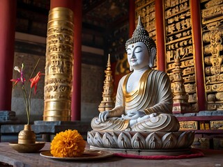 bronze Buddha statue in ancient temple, incense, lotus flowers around