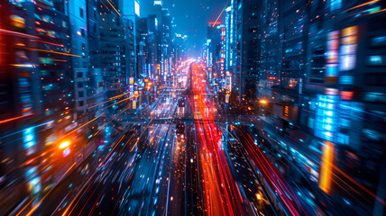 Fototapeta premium Dynamic Cityscape at Night: Lights and Motion in Urban Landscape