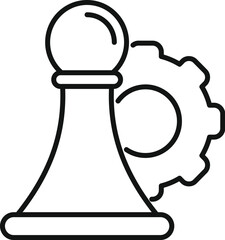 Line art icon of a chess pawn standing next to a gear, symbolizing the importance of strategy in achieving goals