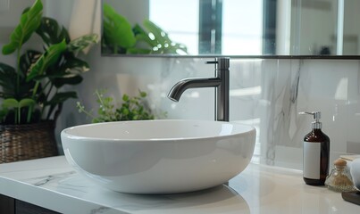 Fototapeta premium Modern Bathroom Sink With Marble Counter Top, Generative AI