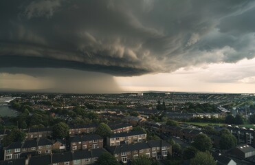 Obraz premium Dark storm cloud rolling over the city, with rain pouring down in Britain's northern region. In view from above houses in Northern Ireland, showing residential areas and trees.