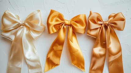 Three varieties of golden silk ribbons fastened with a shiny gold bow on a white surface