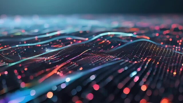 Surrounded by a network of interconnected lines a wave of binary code rises up showcasing the interconnected and decentralized nature of DeFi.