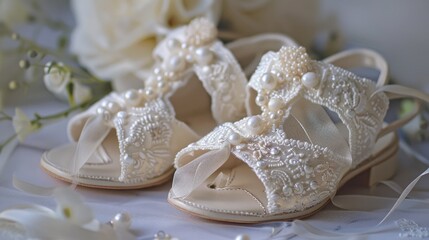 Christening shoes featuring white lace pearls Greek leather sandals