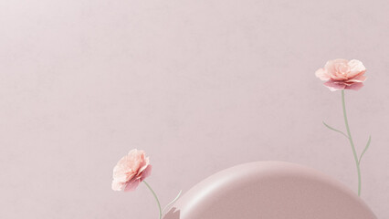 Background featuring an empty product display mockup with a pink backdrop and abstract geometric platforms designed for showcasing merchandise in landscape orientation.