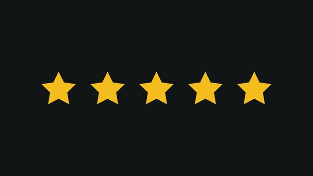 Five stars rating animation video. 5 star review motion graphic isolated on balck background.