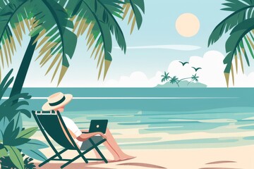 tranquil tropical scene featuring a man working on a laptop under palm trees by the ocean, blending productivity with relaxation.