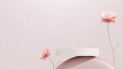 Background featuring an empty product display mockup with a pink backdrop and abstract geometric platforms designed for showcasing merchandise in landscape orientation.