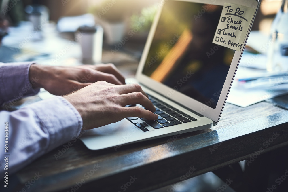 Poster business, man and hand typing on laptop, communication and employee with sticky note for checklist o