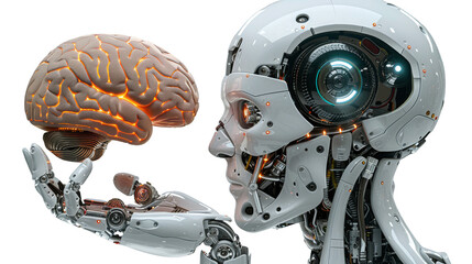 Fototapeta premium An artificial intelligence robot holds a human brain in its hand on transparent background