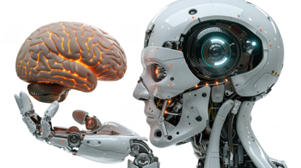 An artificial intelligence robot holds a human brain in its hand on transparent background
