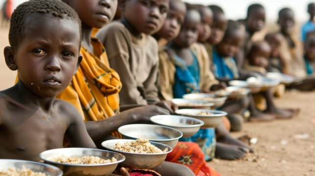 A group of children are sitting in a line and eating food