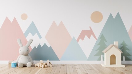 3D rendering of a children's room wall with a pastel colored triangular shaped mural. Simple geometric shapes like triangles and circles on a white background with a wooden floor. Baby toys are on