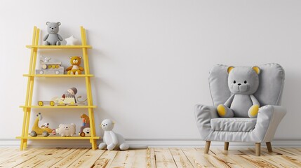 Photo of A child's room with white walls and wooden floors, featuring yellow ladder shelves filled with toys like stuffed animals and books. The wall is blank for mockup or design presentation,