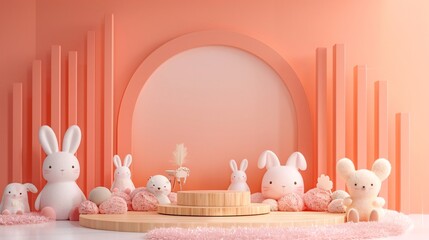 A cute and simple background for product photography, featuring an arch-shaped wall with a peach-colored gradient in the center of the room. The floor is covered in plush toys such as white rabbits,