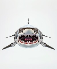 floating cyborg angry shark face, front view, plain background photorealistic details, low angle, lighting, 8k, hd