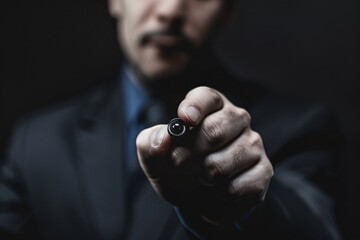 Close-Up of Hand Holding Pen Pointing at Camera with Blur of Handsome Businessman Mode