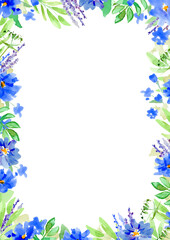 Floral frame blue flowers and green leaves. Watercolor handdrawn illustration, isolated.