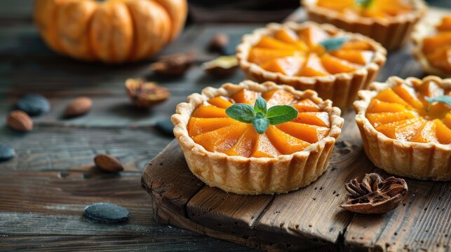 Healthy pumpkin mini pie tartlet on rustic wooden background for Thanksgiving Autumn food with space for text Moody image