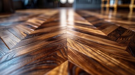 A detailed close-up of a shiny wooden parquet floor with a chevron pattern, highlighting its intricate design and polished finish.