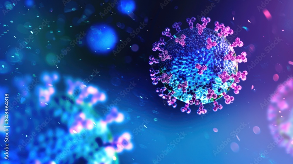 Poster a close-up of virus cells under a microscope, highlighting their complex structure and vibrant color