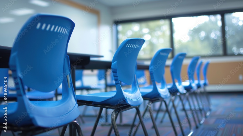 Poster an empty classroom featuring rows of blue chairs and desks, creating a calm and orderly educational 