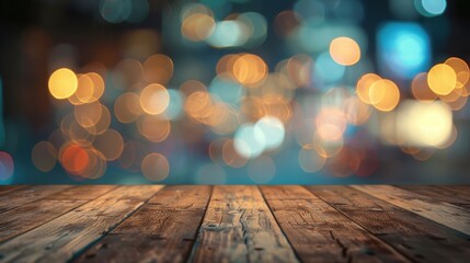 Wooden table with a bokeh background of city lights, creating a warm and inviting urban atmosphere at night.