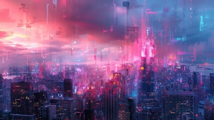 Obraz premium Cyberpunk Cityscape with Pink and Blue Hues