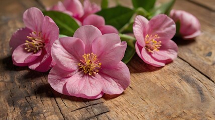 Fototapeta premium Close up of pink flowers on a wooden surface. Suitable for nature and gardening concepts