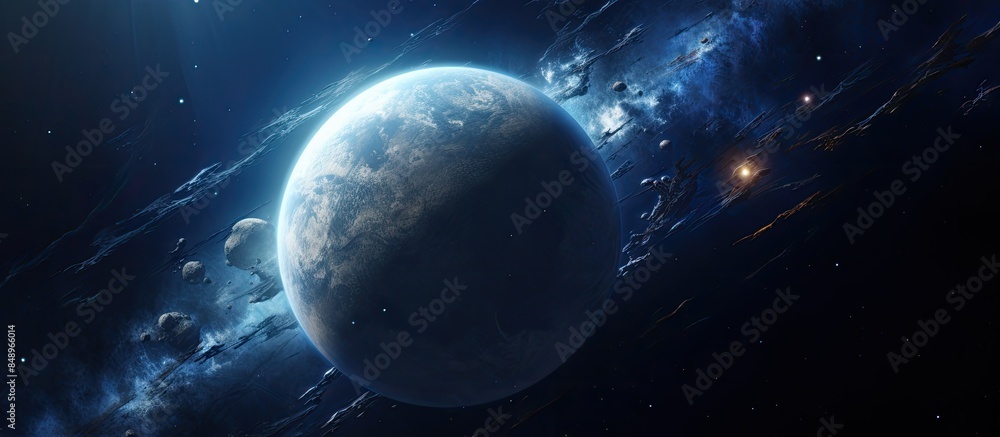 Poster orbiting planet showcases beauty in deep space image. copy space image. place for adding text and de