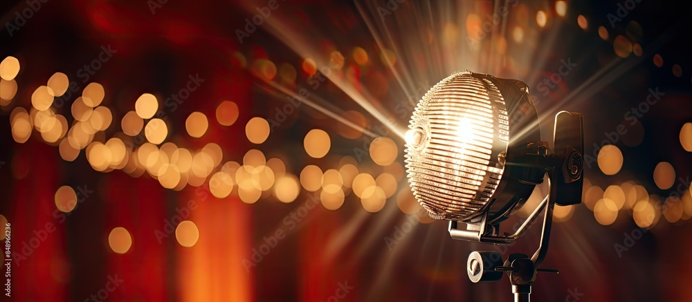 Poster microphone positioned on a stand under stage lights ideal for performances presentations or speeches
