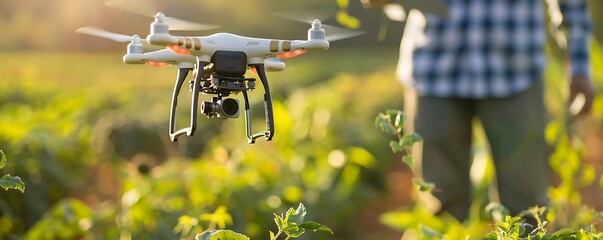 tech in agriculture a person wearing a blue shirt and gray pants stands in a field, holding a white toy, while a white propeller can be seen in the background