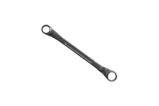 Close-up of a long box end wrench for various repair jobs, isolated on a transparent background png file.