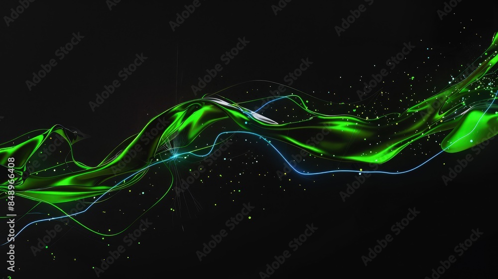 Poster a black minimalistic background with an abstract green fluid design, highlighted by electric blue ac