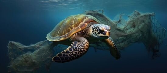 Obraz premium A green sea turtle caught in an abandoned fishing net with a clear blank space ideal for inserting an image. Copy space image. Place for adding text and design