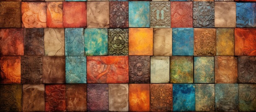 Multicolor rustic digital wall tile decor or ceramic design with a heavily mixed wall art aesthetic ideal for home decoration with a versatile copy space image use