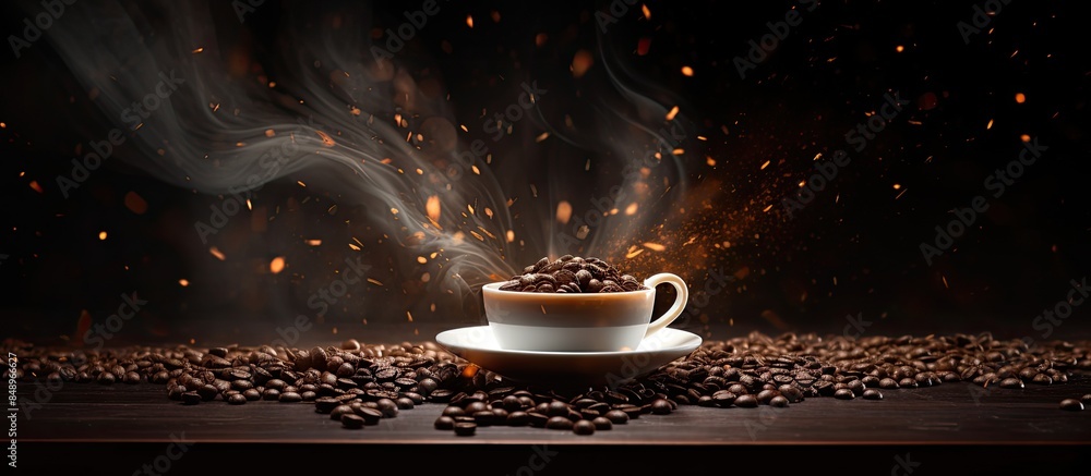 Poster coffee particles bursting in the air against a dark backdrop with ample copy space image