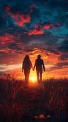 Fototapeta premium Silhouette Couple Holding Hands Walking Towards Glowing Horizon New Chapter Beginning Concept