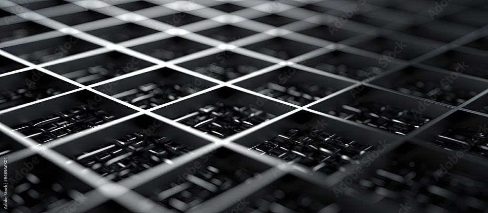 Poster detailed close up copy space image of a technological metal grid creating an abstract black and whit