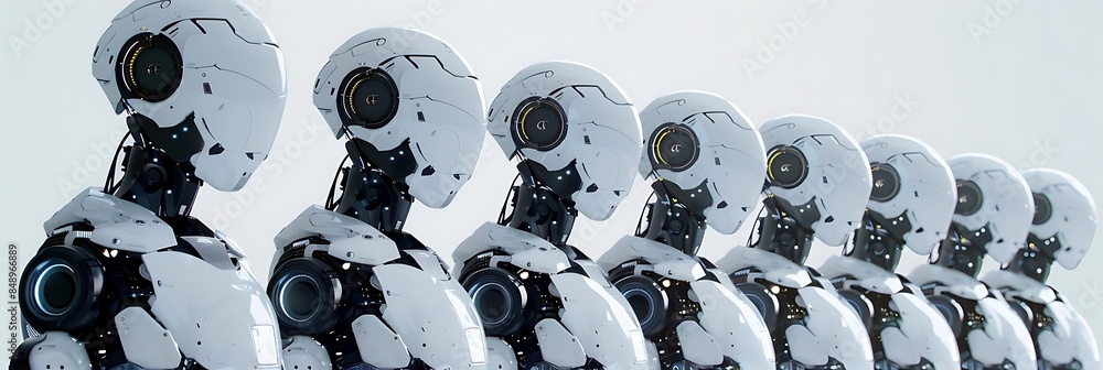 Aufkleber the evolution of robotics captured in a single image, featuring a white clock as the centerpiece