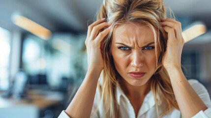 Fototapeta premium A stressed woman with her hands on her head, looking frustrated in a modern office setting, expressing workplace tension.