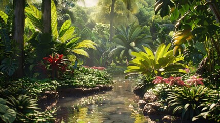 Naklejka premium Dense, vibrant jungle stream flows through rich green foliage under dappled sunlight creating a refreshing natural backdrop for environmental themes.