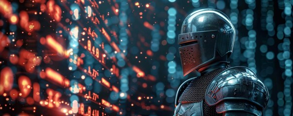 Armored knight facing a digital stock market interface, blending medieval strength with modern financial data